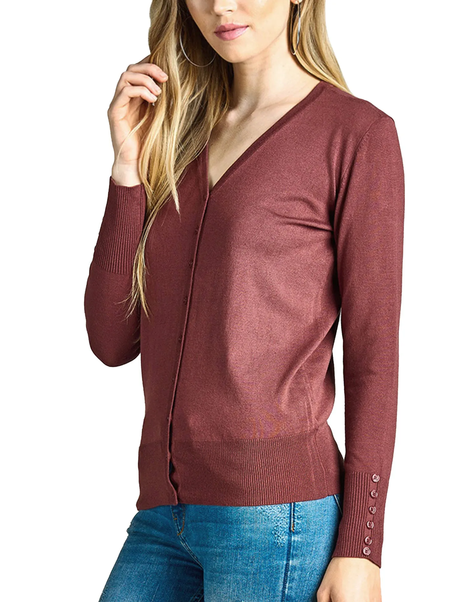 Womens V-Neck Cardigan with Sleeve Button Detail (S-XL)