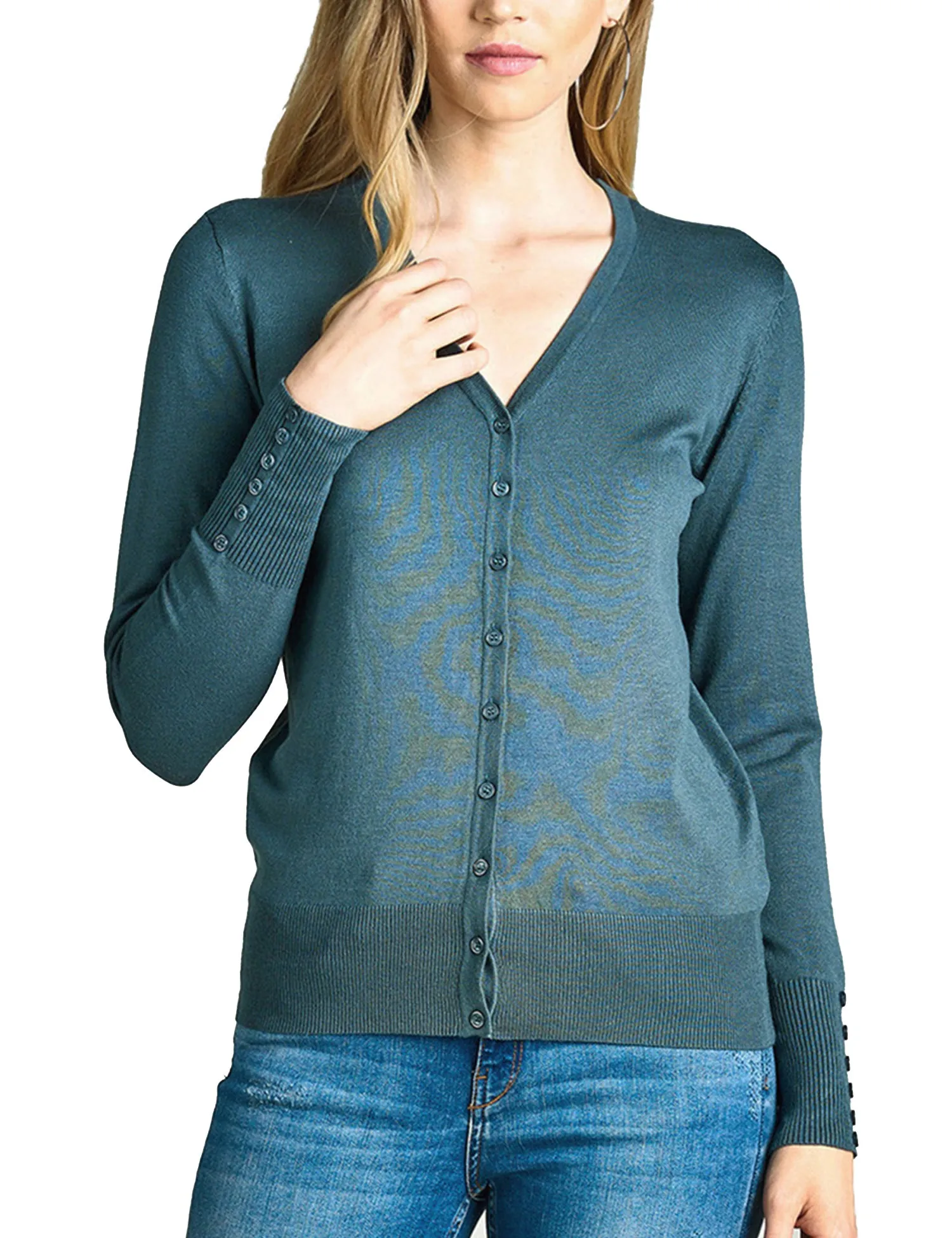 Womens V-Neck Cardigan with Sleeve Button Detail (S-XL)