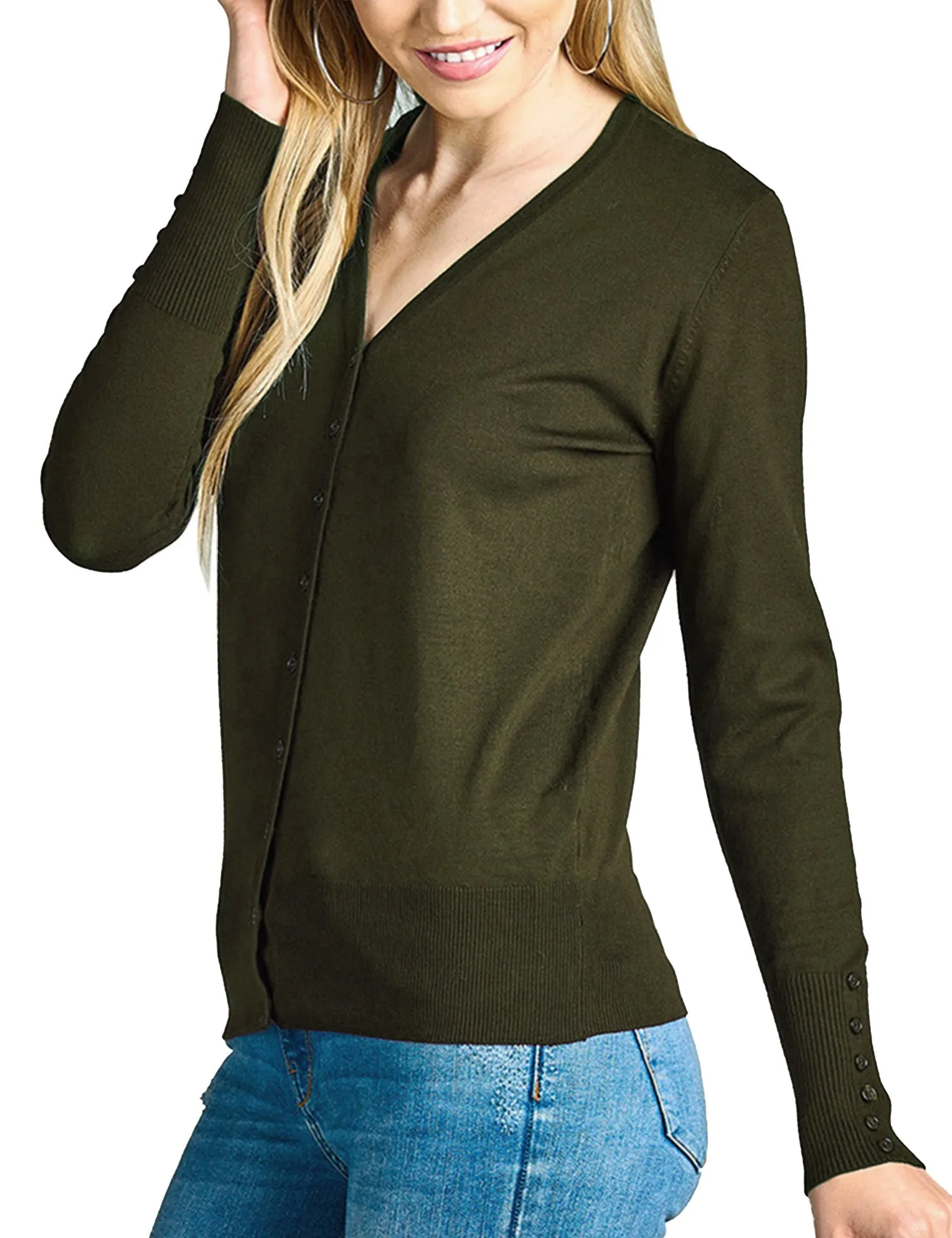 Womens V-Neck Cardigan with Sleeve Button Detail (S-XL)