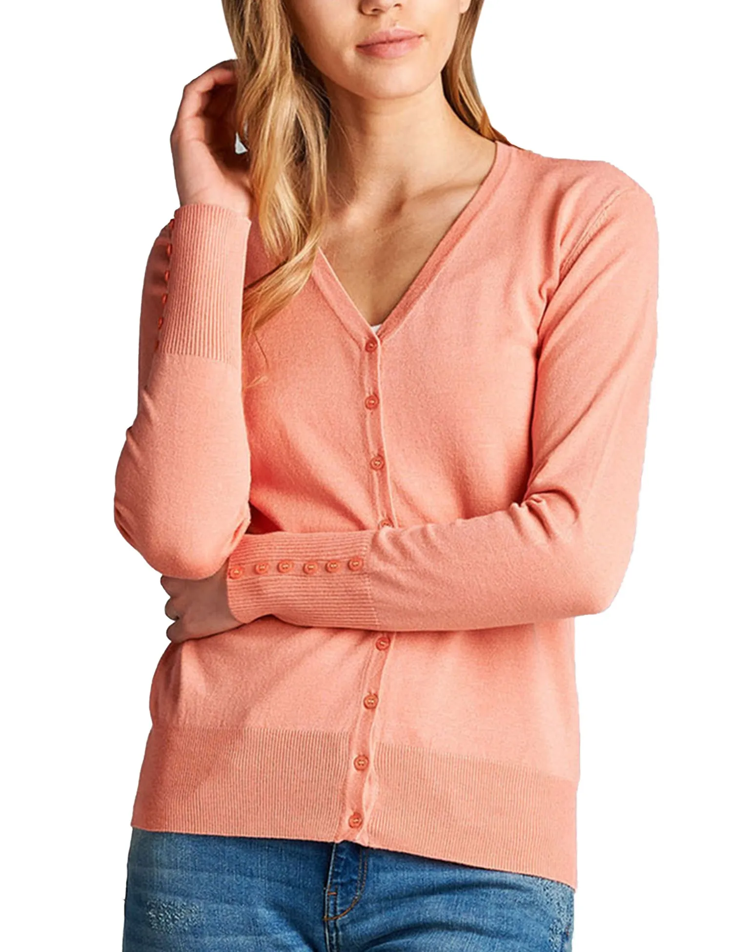 Womens V-Neck Cardigan with Sleeve Button Detail (S-XL)