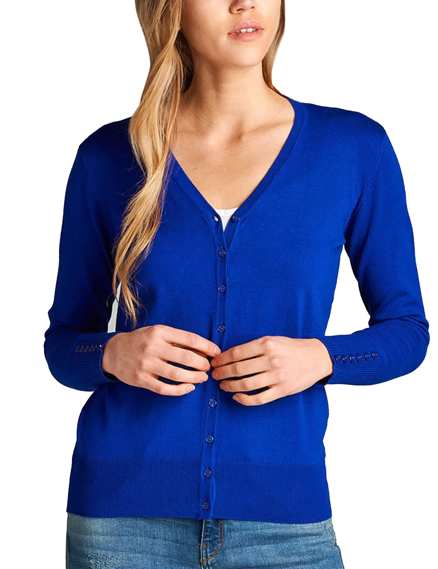 Womens V-Neck Cardigan with Sleeve Button Detail (S-XL)