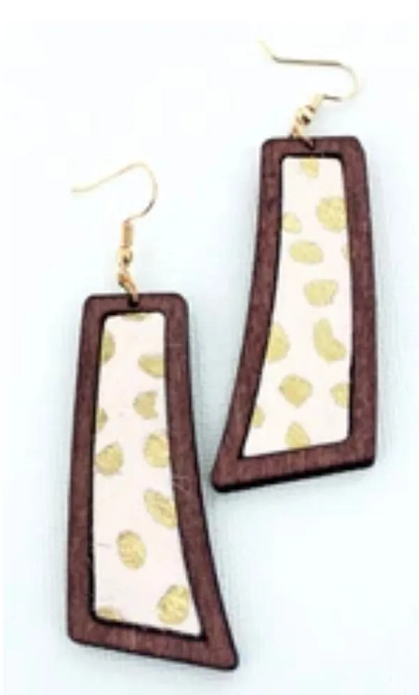 Wood Framed Gold Cheetah Curved Bar Earrings