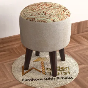 Wooden Twist Elite Puffy Ottoman Stool For Living Room ( Brown & Cream )