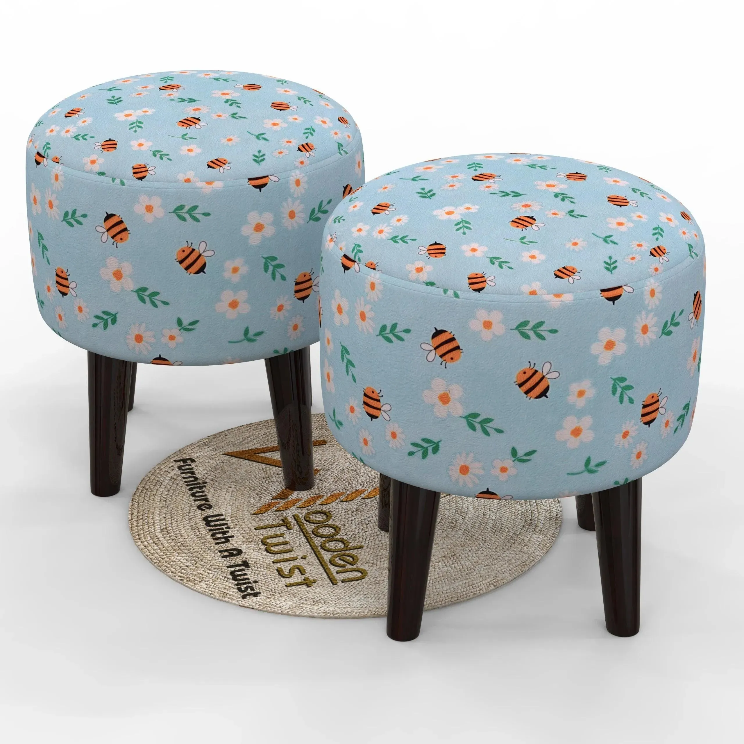 Wooden Twist Harlequin Puffy Ottoman Stool For Living Room ( Set of 2 )