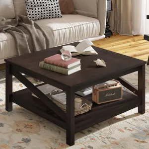 YITAHOME Square Two-Tier Coffee Tables with Storage,Coffee Table for Living Room,Center Table Coffee Table for Home,Wood Living Room Table Industrial Small Farmhouse Cocktail Table, Espresso