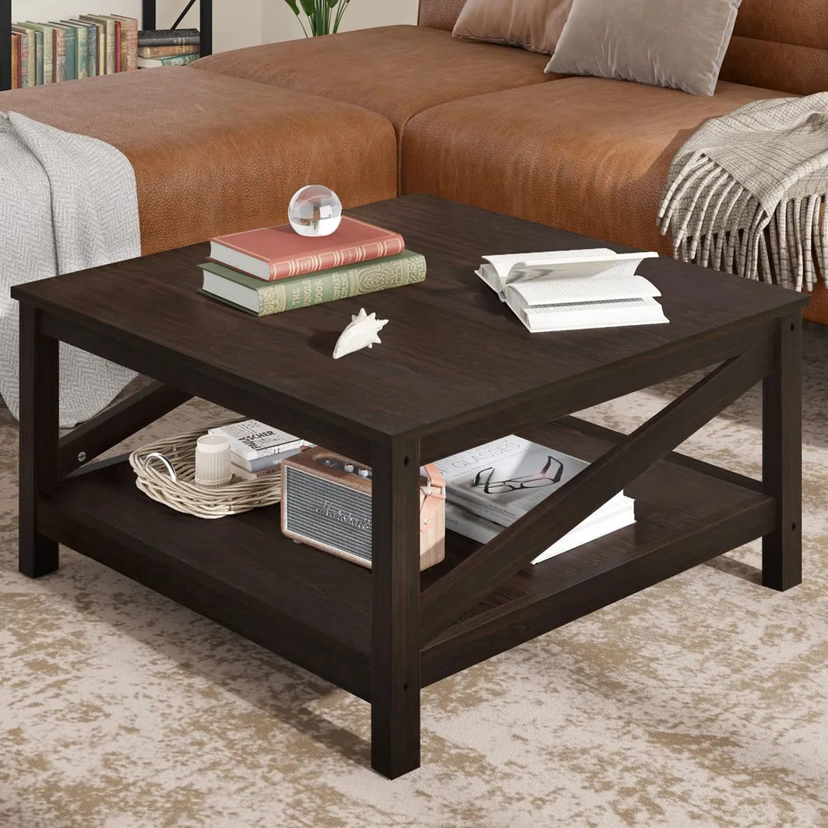 YITAHOME Square Two-Tier Coffee Tables with Storage,Coffee Table for Living Room,Center Table Coffee Table for Home,Wood Living Room Table Industrial Small Farmhouse Cocktail Table, Espresso